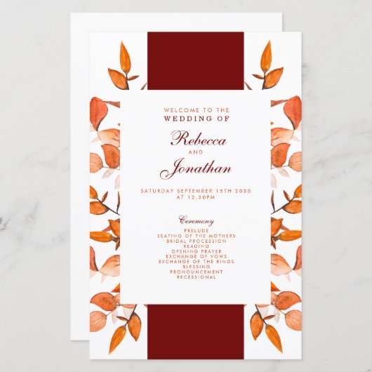 Herbstlaubs Burnt Orange Hochzeitsprogramm (Vorne/Hinten)