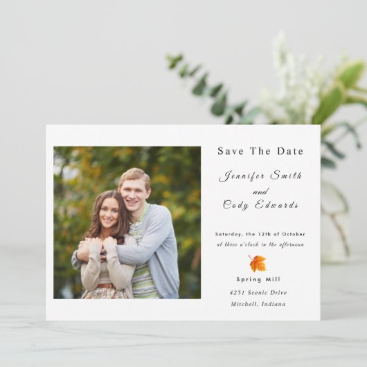 Herbstlaubs Foto Hochzeit speichern das Datum der  Einladung (Stehend Vorderseite)