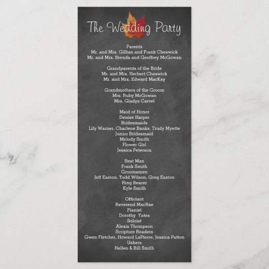 Herbstlaubs IMITATE Burlap Chalkboard Hochzeitspro Programm (Rückseite)