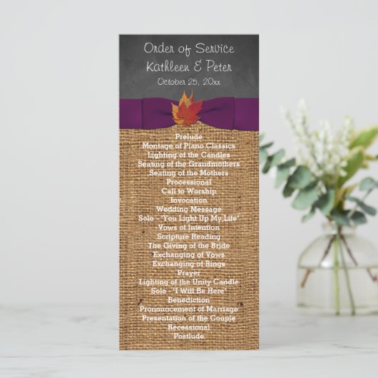 Herbstlaubs IMITATE Burlap Chalkboard Hochzeitspro Programm (Stehend Vorderseite)