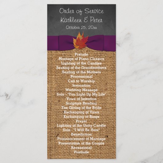 Herbstlaubs IMITATE Burlap Chalkboard Hochzeitspro Programm (Vorderseite)