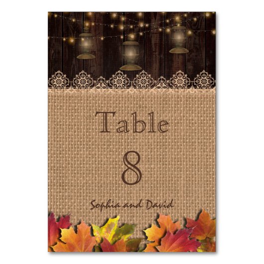Herbstlaubs Lace Burlap Wood Wedding Tischnummer (Vorderseite)