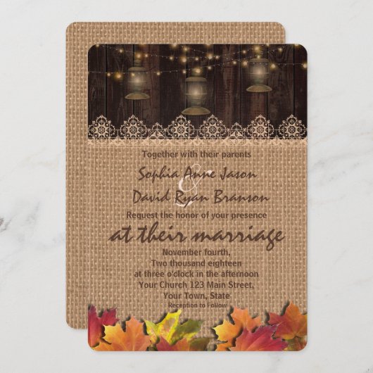Herbstlaubs Lace Burlap Wood Wedite Einladung (Vorne/Hinten)