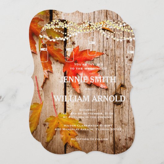 Herbstlaubs & Lights Mason Jars Rustikale Hochzeit Einladung (Vorne/Hinten)