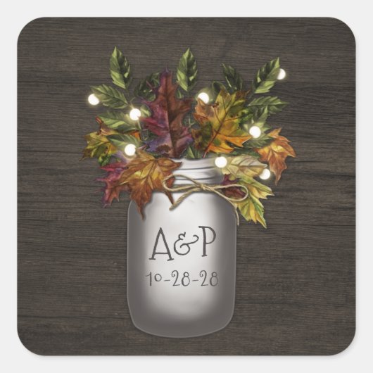 Herbstlaubs Mason Jar Rustikale Gastgeschenk Hochz Quadratischer Aufkleber (Vorderseite)