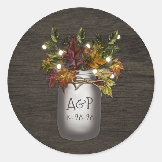 Herbstlaubs Mason Jar Rustikale Gastgeschenk Hochz Runder Aufkleber (Vorderseite)
