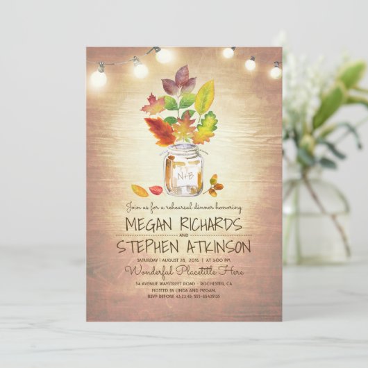 Herbstlaubs Mason Jar Rustikale Probe Abendessen Einladung (Stehend Vorderseite)