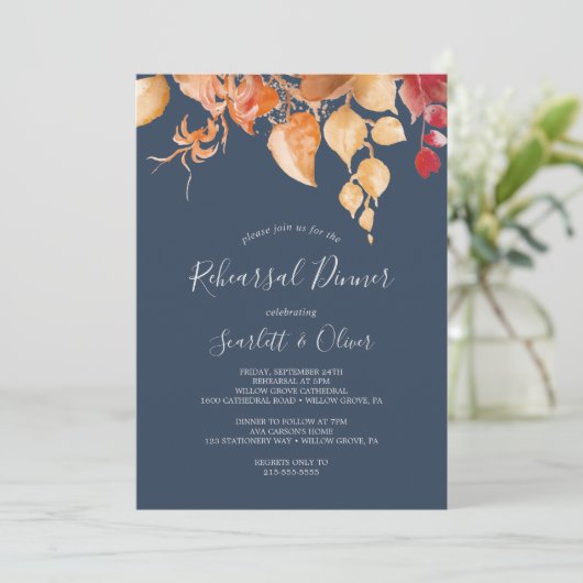 Herbstlaubs Navy Blue & Burgund Probe Dinner Einladung (Stehend Vorderseite)