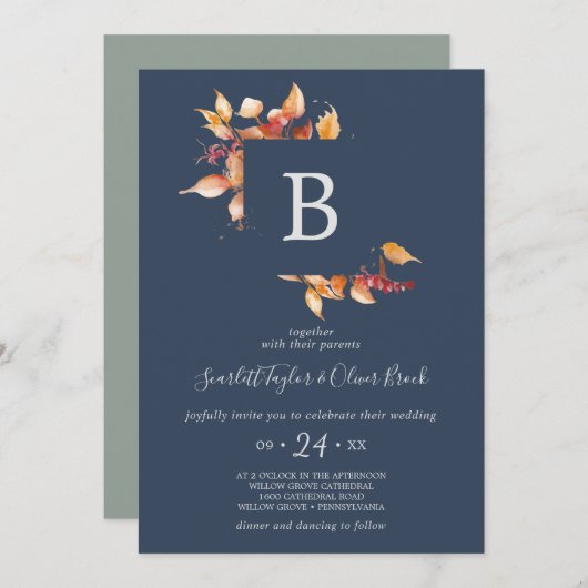 Herbstlaubs Navy Blue & Burgundy Monogram Wedding Einladung (Vorne/Hinten)