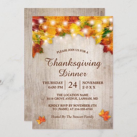Herbstlaubs String Lights Erntedank Dinner Einladung (Vorne/Hinten)