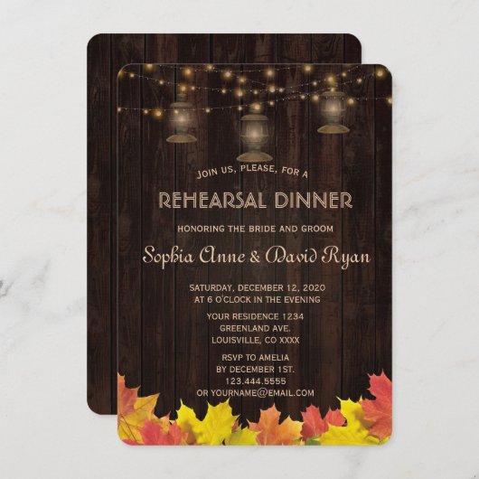 Herbstlaubs Wood Old Lanterns PROBE DINNER Einladung (Vorne/Hinten)
