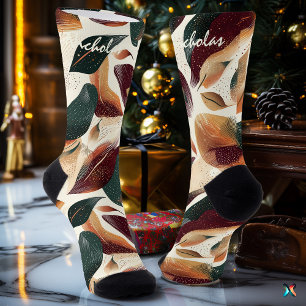 Herbstlaubsocken in Creme, Burgund und Grün Socken