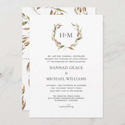Herbstlaurel Wreath Monogram Weditation Einladung (Vorne/Hinten)