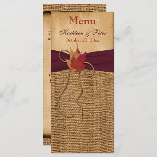 Herbstleaves IMITATE Burlap Wedding Menu Card - We Menükarte (Vorne/Hinten)