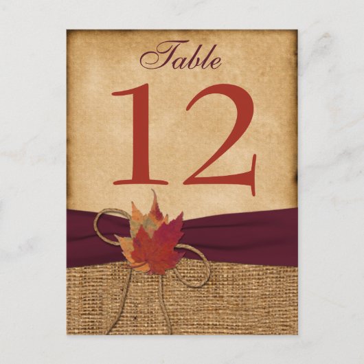Herbstleaves IMITATS Burlap Tischnummer Card - Wei (Vorderseite)