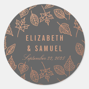 Herbstleaves Kupfer Grau Round Wedding Sticker