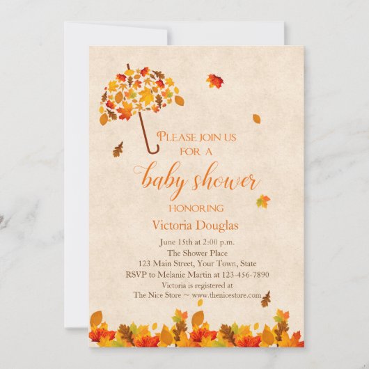 Herbstleaves Regenschirm Kinderdusche Einladung (Vorderseite)