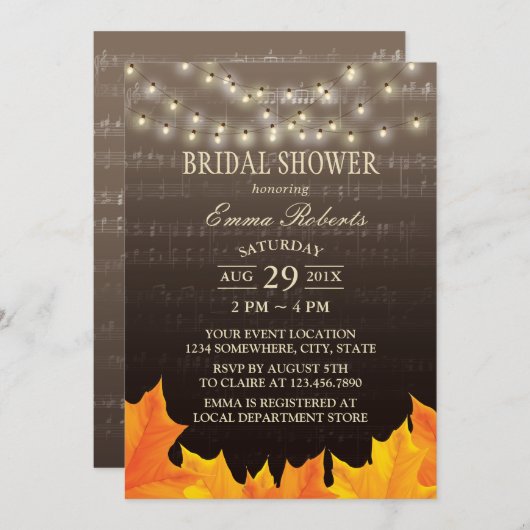 Herbstleaves String Lights Music Brautparty Einladung (Vorne/Hinten)