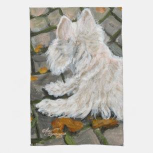 Herbstleaves Westie auf Patio Geschirrtuch