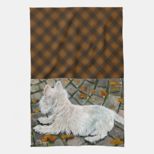 Herbstleaves Westie auf Patio Geschirrtuch