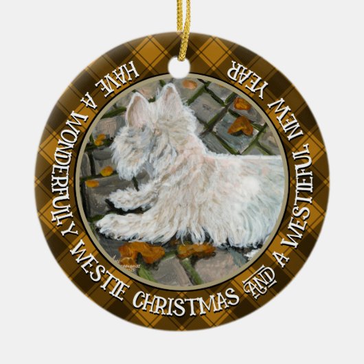 Herbstleaves Westie auf Patio Keramik Ornament (Vorne)