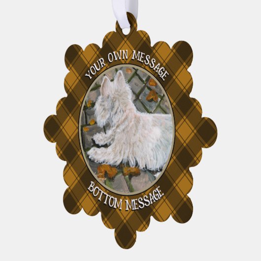 Herbstleaves Westie auf Patio Ornament Karte (Linke Ecke)