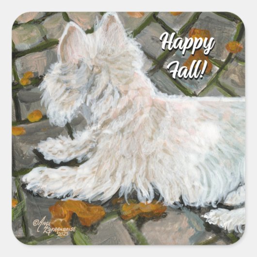 Herbstleaves Westie auf Patio Quadratischer Aufkleber (Vorderseite)