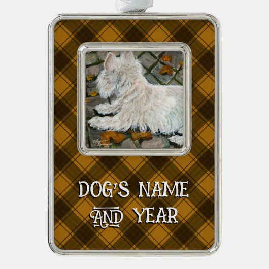 Herbstleaves Westie auf Patio Rahmen-Ornament Silber (Vorderseite)