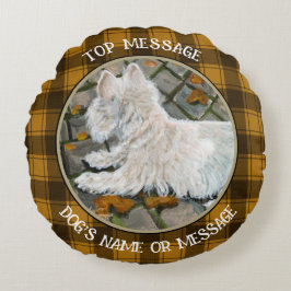 Herbstleaves Westie auf Patio Rundes Kissen