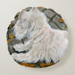 Herbstleaves Westie auf Patio Rundes Kissen