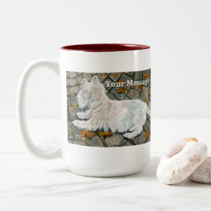 Herbstleaves Westie auf Patio Zweifarbige Tasse