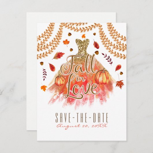 Herbstleeves Save the Date fallen bei Liebe Dress Ankündigungspostkarte (Vorne/Hinten)