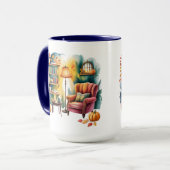 Herbstlesesessel-Tasse — Gemütliche Lampe & Buch-E Tasse (Vorderseite Links)