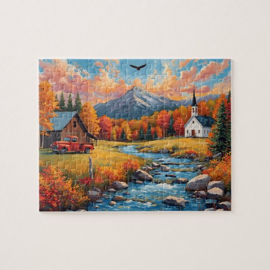 Herbstliche Bergkirche roter Lastwagen Puzzle (Horizontal)