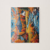 Herbstliche Bergkirche roter Lastwagen Puzzle (Vertikal)