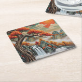 Herbstliche Berglandschaft mit Wasserfall Rechteckiger Pappuntersetzer (angewinkelt)