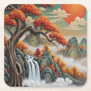 Herbstliche Berglandschaft mit Wasserfall Rechteckiger Pappuntersetzer