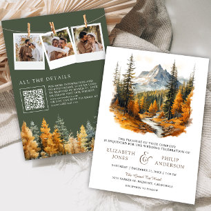 Herbstliche Bergwald-QR-Code-Foto-Hochzeit Einladung