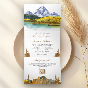 Herbstliche Bergwaldsee-QR-Code-Hochzeit Dreifach Gefaltete Einladung