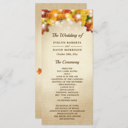 Herbstliche Blätter Burlap-Lichter Hochzeit Programm (Vorne/Hinten)