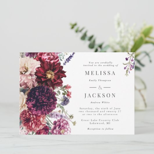 Herbstliche Blume Dahlia Hochzeit Einladung (Stehend Vorderseite)