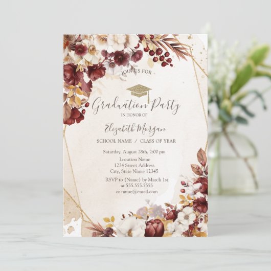 Herbstliche Blume, Grad Cap, Abschluss Einladung (Stehend Vorderseite)