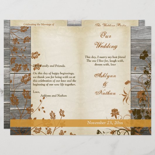 Herbstliche Blume, IMITATE Wood Wedding Programm (Vorne/Hinten)