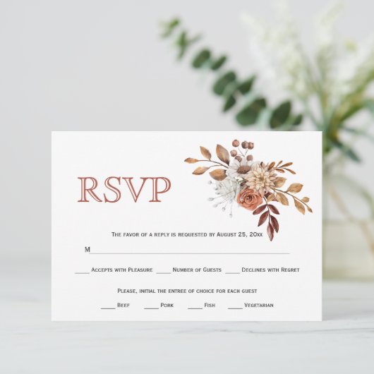 Herbstliche Blume und Blattwerk fallen erdig RSVP Karte (Stehend Vorderseite)