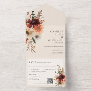Herbstliche Blumen Hochzeits-Einladung mit QR-Code All In One Einladung