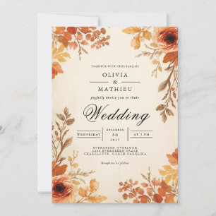 Herbstliche Blumengewölbe-Romanze-Hochzeit Einladung