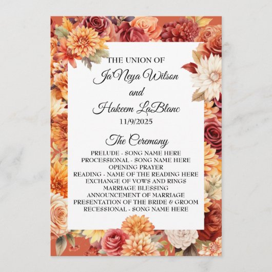 Herbstliche Blumige Hochzeitsprogramm Programm (Vorderseite)