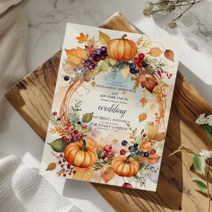 Herbstliche Blumige Kürbis Schrift Hochzeit Einladung