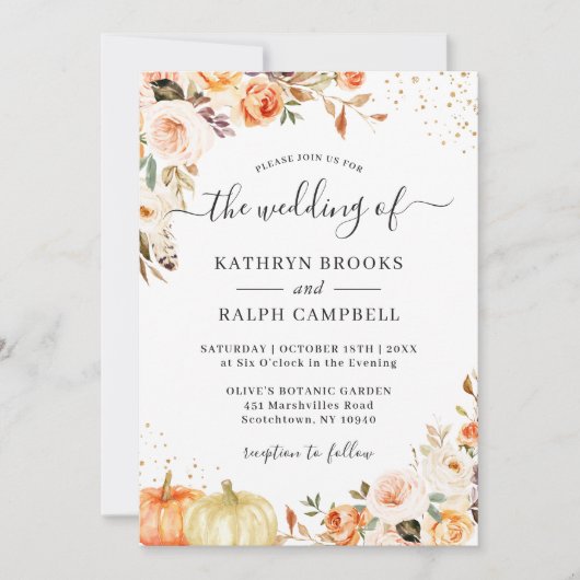 Herbstliche Bohemische florale Gold Confetti Hochz Einladung (Vorderseite)