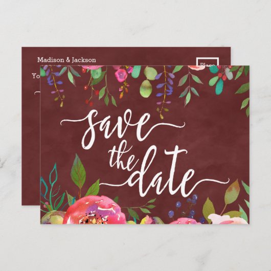 Herbstliche Burgund Wasserfarbenhochzeit Sichern S Ankündigungspostkarte (Vorne/Hinten)